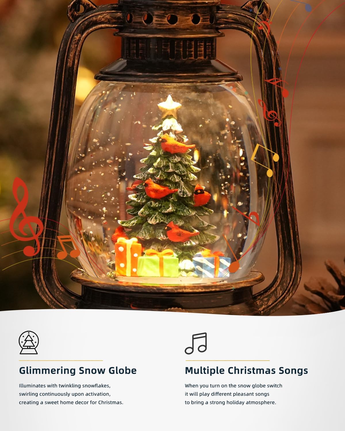 Snow Globe Christmas Decorations, Musical Christmas Snow Globes Glitter Tree Lantern Light Up 6H Time USB Lined/Battery ​Festival Snow Globes for Adults