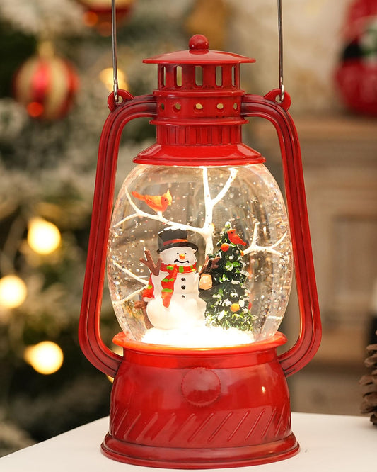EDDORUNNING Musical Lighted Red Snowman Snow Globe Lantern with Swirling Glitter, USB & Battery Operated, 6H Timer, Classic Resin Christmas Decor & Gifts