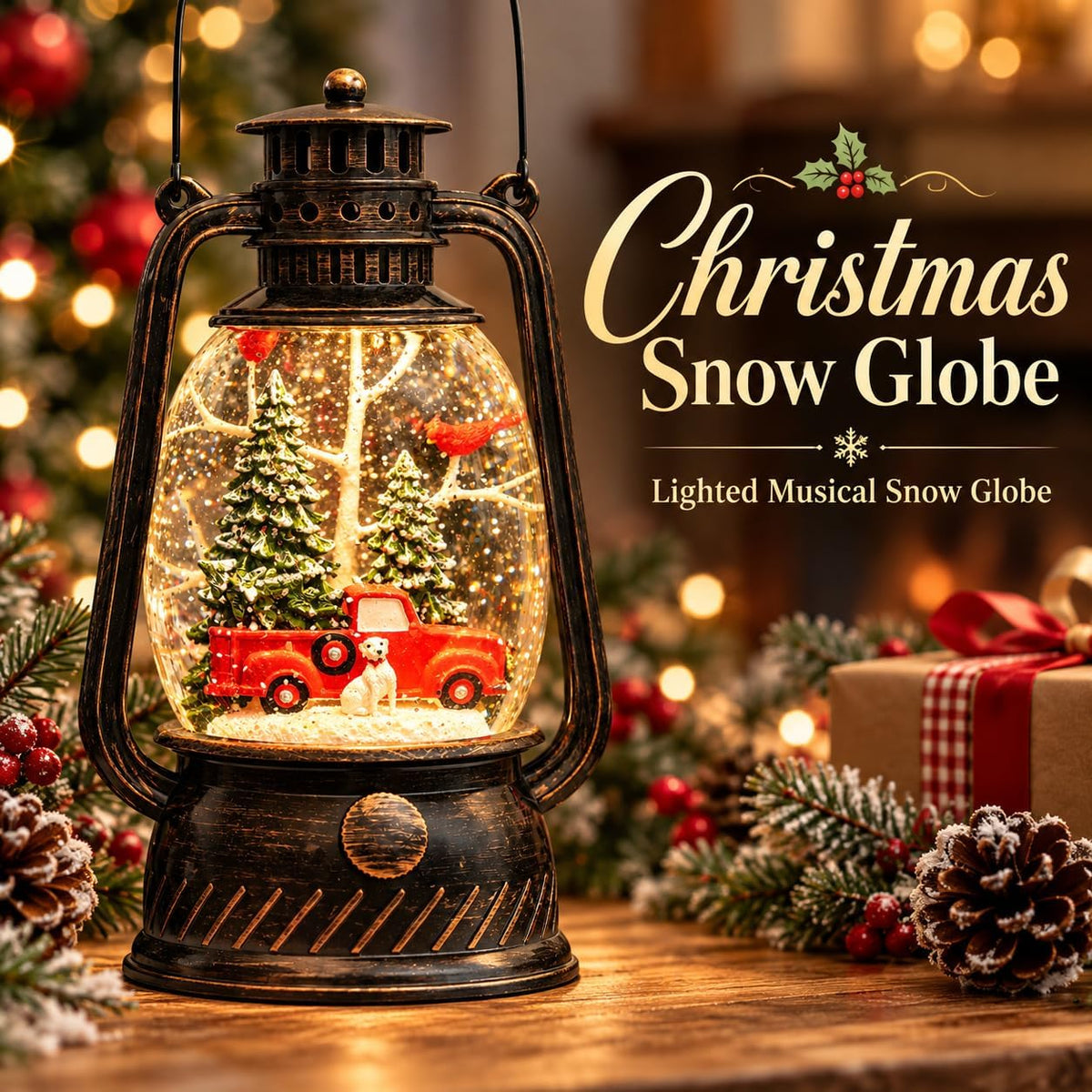 Christmas Snow Globe Lantern, Red Truck Musical Glowing Snow Globes, Indoor Home Christmas Decor, Battery or USB Powered, with 6-Hour Timer, Holiday Decor Gift Christmas Lantern