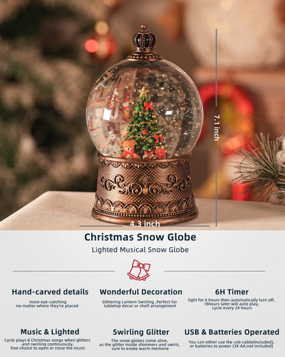 Snow Globe Christmas, Lighted Christmas Snow Globes with Timer, Swirling Musical Glittering Snowglobe Lantern for Decorations(Bear Gifts)