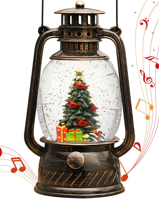 Christmas Decorations Musical Snow Globes Lighted Tree Cardinal Glittering with 6H Time Lantern USB Lined/Battery Operated for Christmas Decorations Indoor Gifts