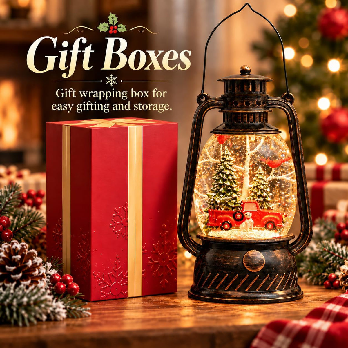 Christmas Snow Globe Lantern, Red Truck Musical Glowing Snow Globes, Indoor Home Christmas Decor, Battery or USB Powered, with 6-Hour Timer, Holiday Decor Gift Christmas Lantern