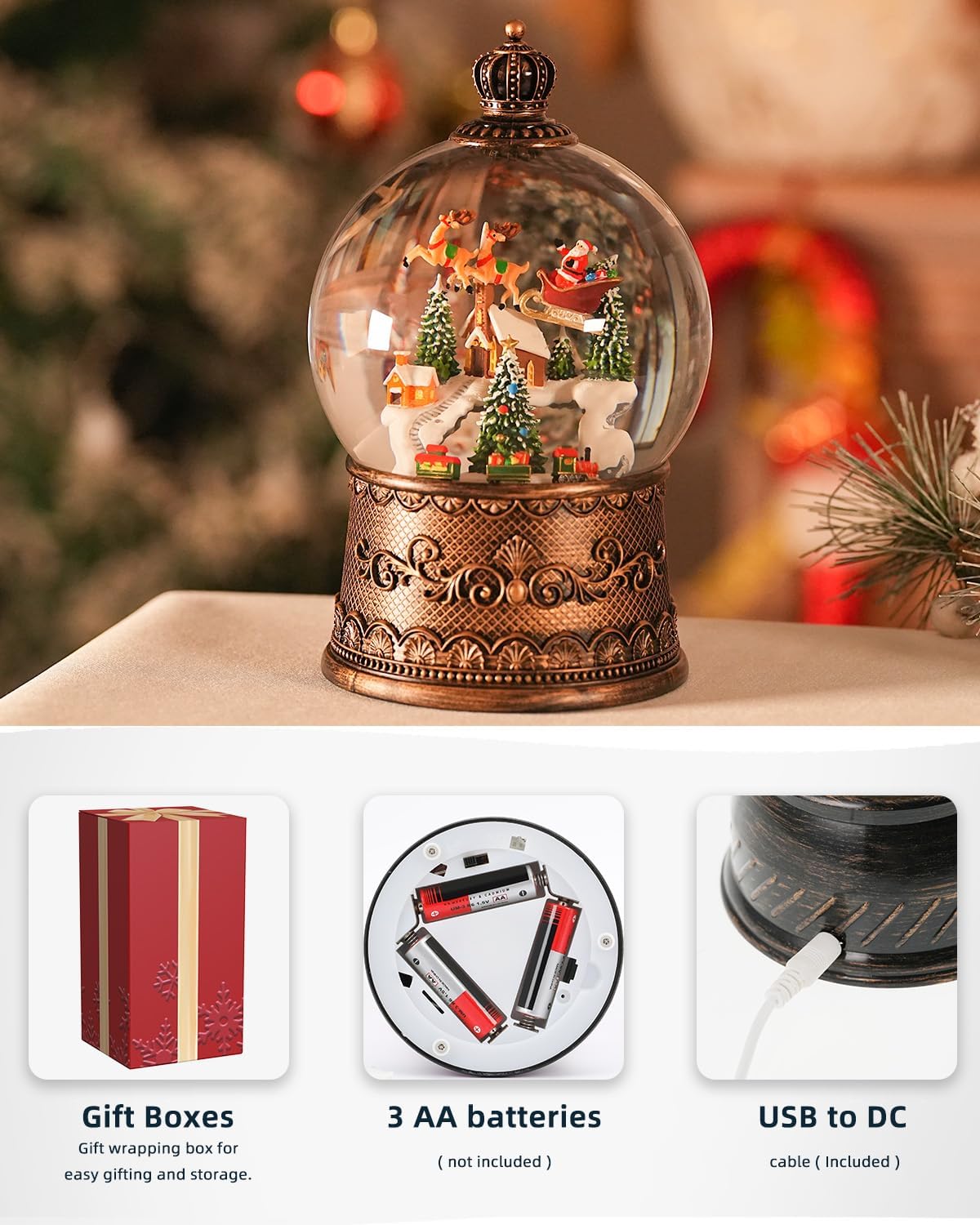 Snow Globe Christmas with Elk, Lighted Christmas Snow Globes with Timer, Swirling Musical Glittering Snowglobe Lantern for Decorations(SnowTrain Elk)