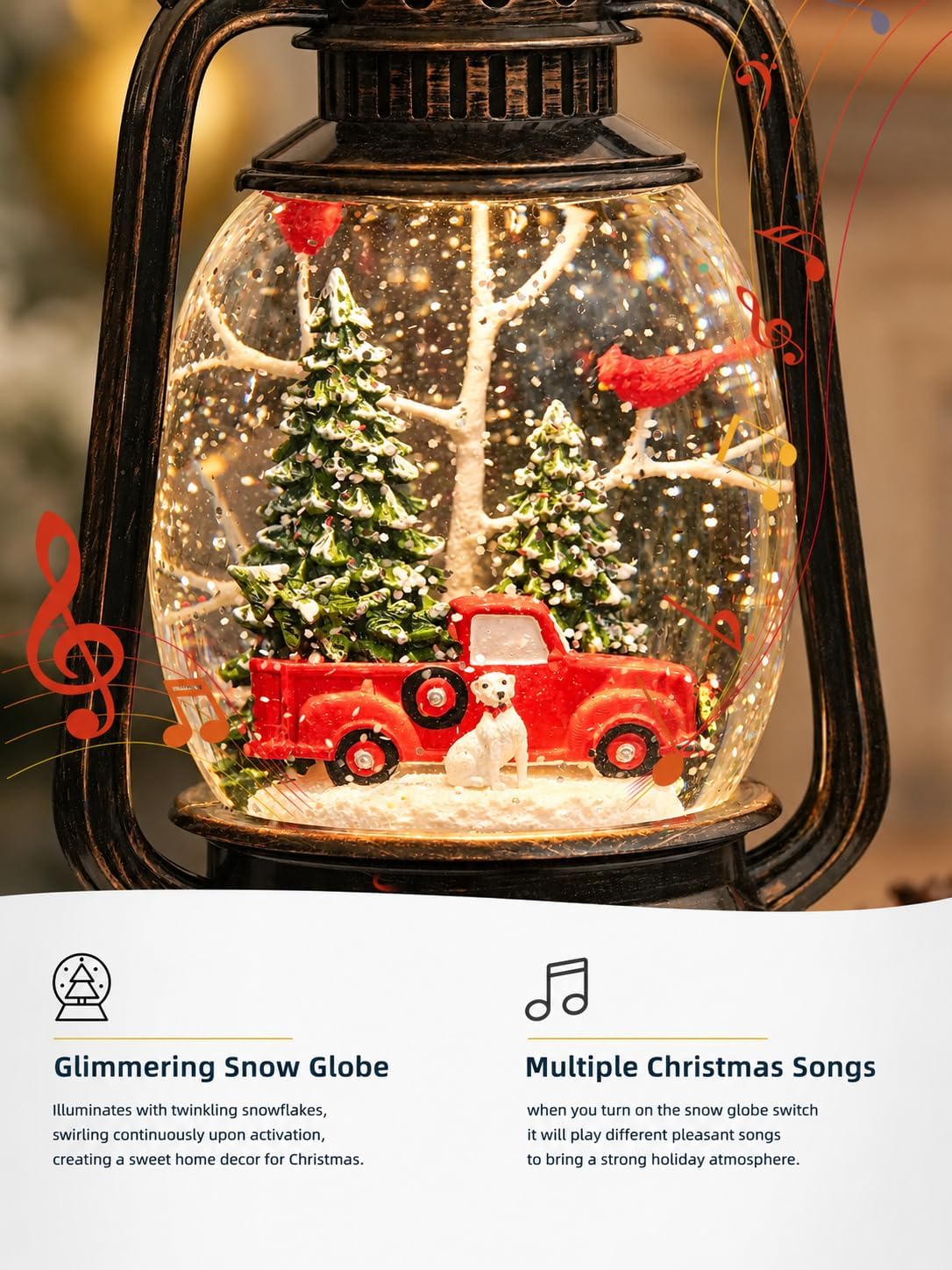 Christmas Snow Globe Lantern, Red Truck Musical Glowing Snow Globes, Indoor Home Christmas Decor, Battery or USB Powered, with 6-Hour Timer, Holiday Decor Gift Christmas Lantern