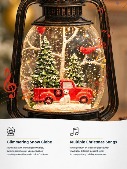 Christmas Snow Globe Lantern, Red Truck Musical Glowing Snow Globes, Indoor Home Christmas Decor, Battery or USB Powered, with 6-Hour Timer, Holiday Decor Gift Christmas Lantern