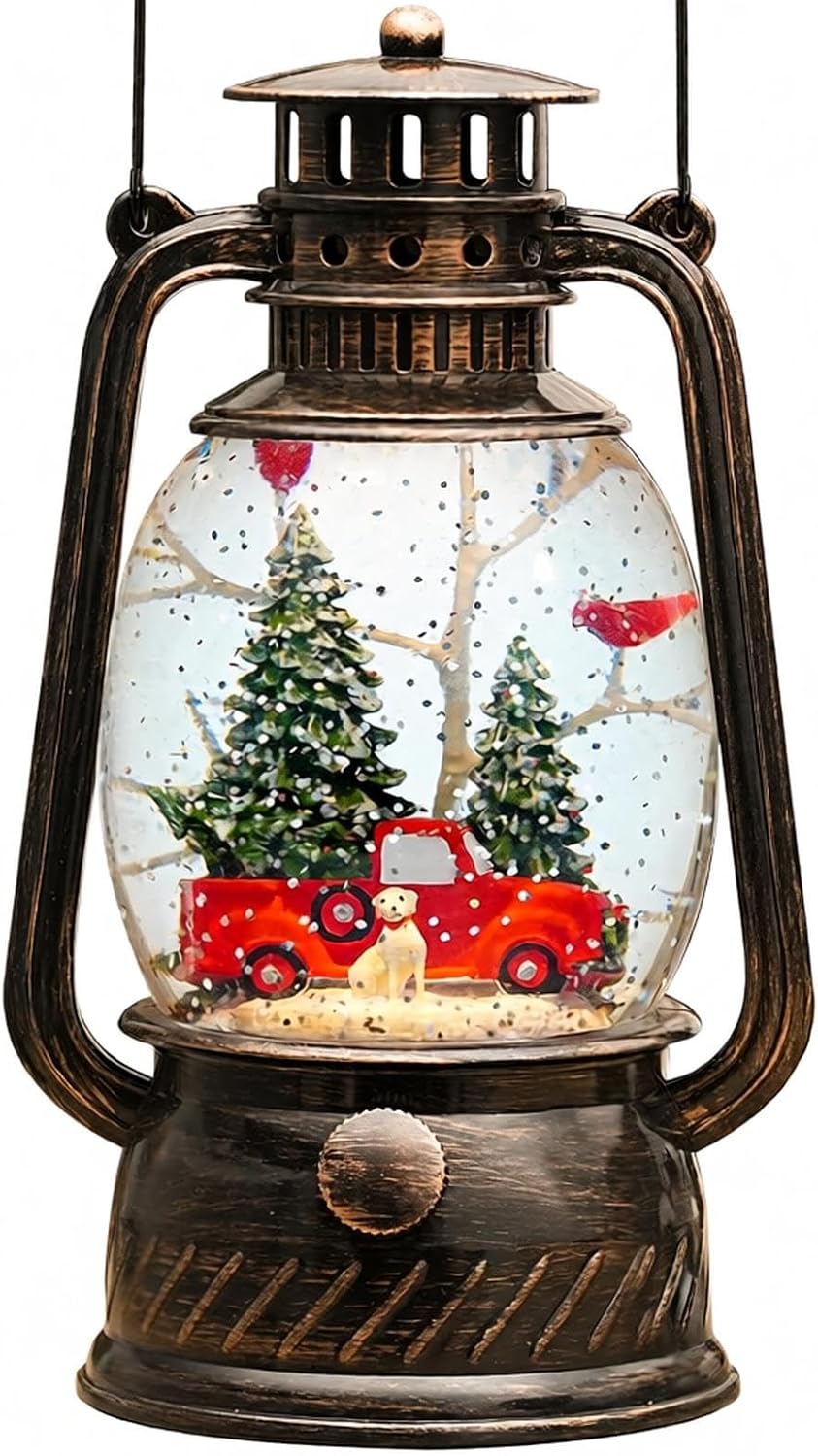 Christmas Snow Globe Lantern, Red Truck Musical Glowing Snow Globes, Indoor Home Christmas Decor, Battery or USB Powered, with 6-Hour Timer, Holiday Decor Gift Christmas Lantern