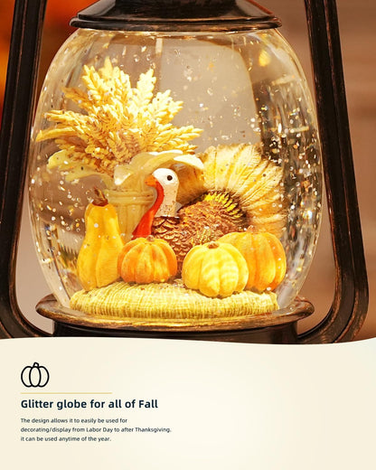 Fall Snow Globe Lantern Turkey Thanksgiving Decorations,Light Up Fall Lantern with 6H Timer Glitter Thanksgiving Snow Globe, Pumpkin Autumn Scene Fall Decorations for Home