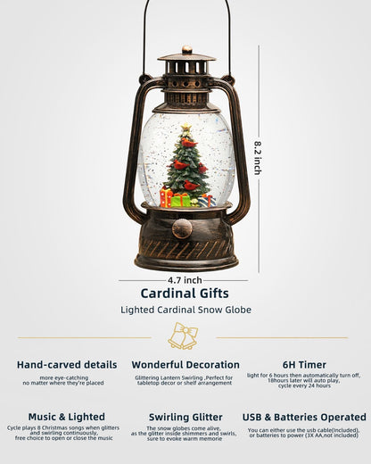 Snow Globe Christmas Decorations, Musical Christmas Snow Globes Glitter Tree Lantern Light Up 6H Time USB Lined/Battery ​Festival Snow Globes for Adults