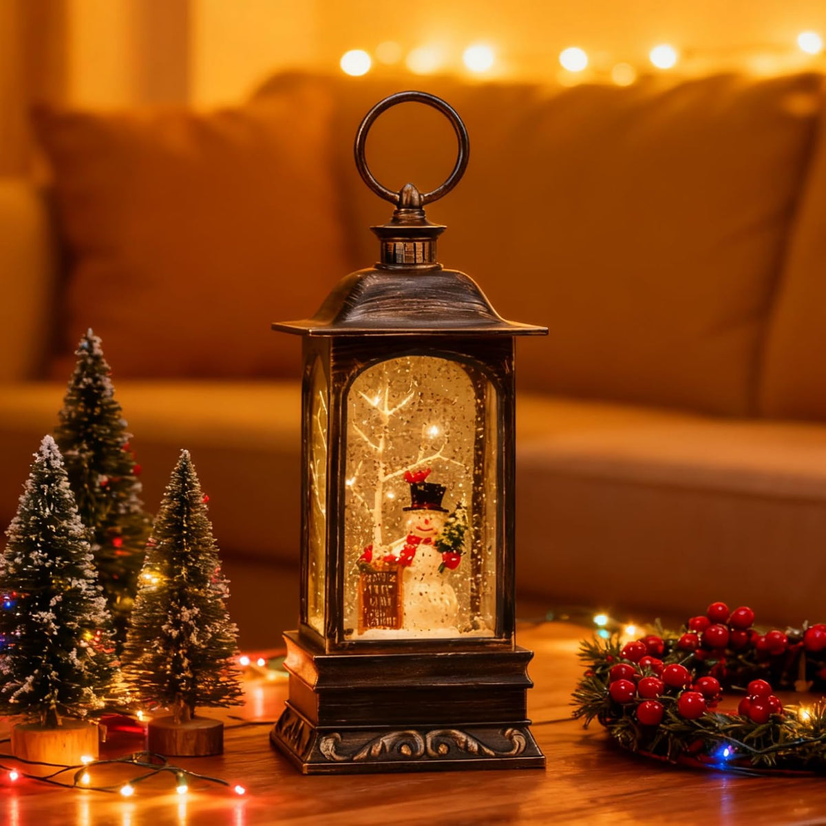 Christmas Snow Globe Lantern, Musical Snow Globe with Swirling Glitter, Battery Powered, Christmas Decorations Indoor for Home - Cardinal and Snowman