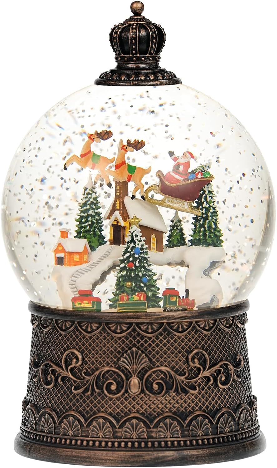 Snow Globe Christmas with Elk, Lighted Christmas Snow Globes with Timer, Swirling Musical Glittering Snowglobe Lantern for Decorations(SnowTrain Elk)