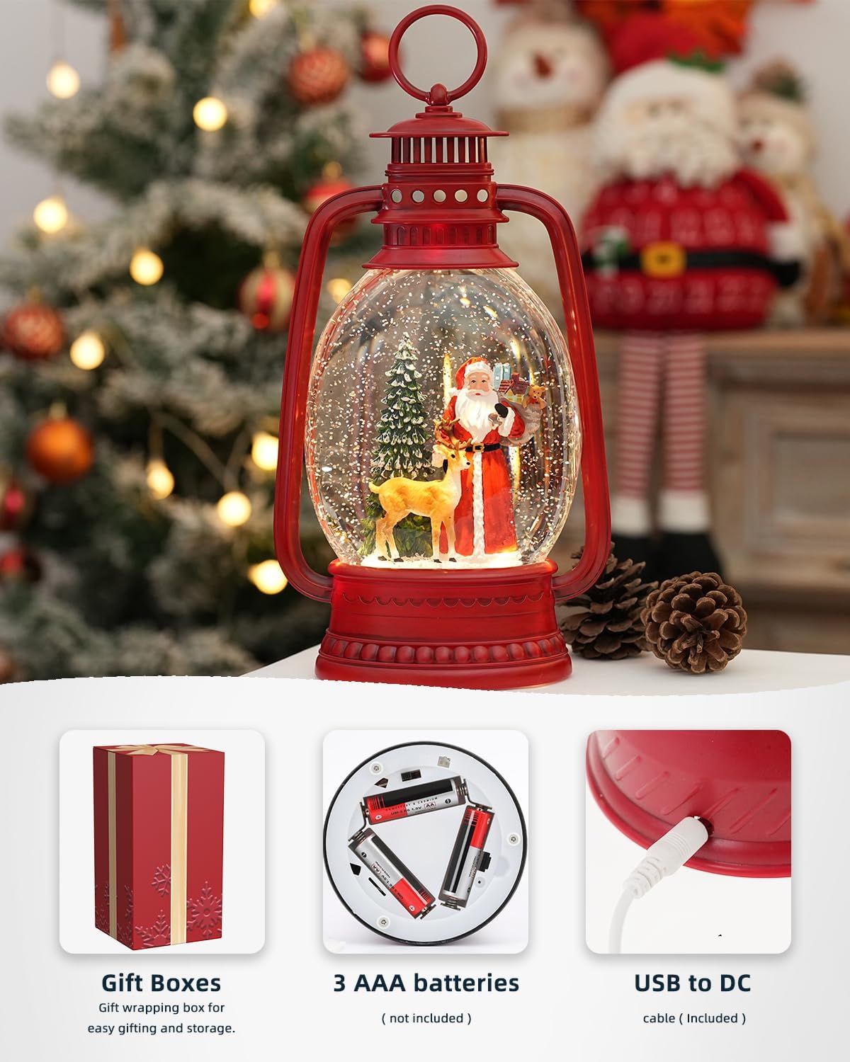 12.6 Inch Large Christmas Snow Globes, Snow Globe Christmas with Santa, Glittering Snow Globe Lantern with Timer, Musical Christmas Snow Globe for Christmas Decor(Santa)