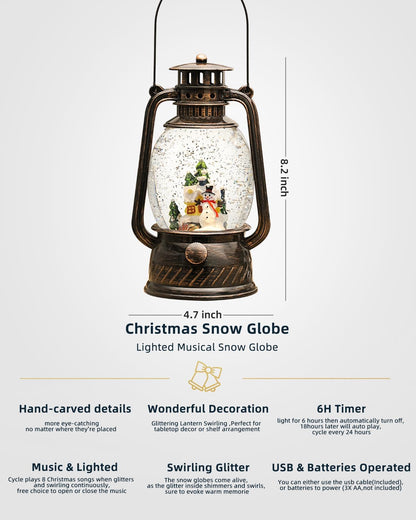Christmas Decorations Snowman Snow Globes Musical Light Up 6H Time Glitter Globe Village Christmas Snow Globes Snowman Decor Gifts