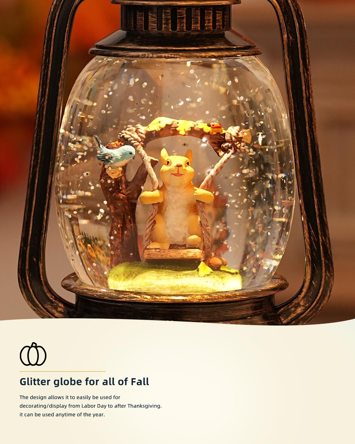 Fall Squirrel Snow Globe,Lighted with 6H Timer Glittering Blue Robin Squirrel Snow Globe Gifts for Christmas Fall Squirrel Decor Gifts