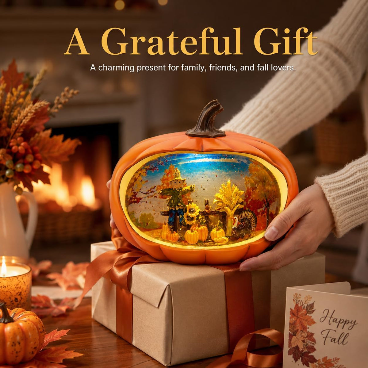 Fall Decor Snow Globes Lighted Pumpkin Thanksgiving Decoration Swirling Glitter Snow Globes Pumpkin Table Accent for Fall Decoration for Home