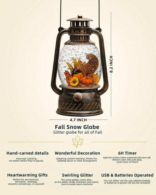 Fall Decorations for Home - Vintage Fall Snow Globe Lantern with 6H Timer,Pumpkin Sunflowers Scene Snow Globes USB or Battery Powered,Fall Decor for Fall Harvest Thanksgiving Autumn
