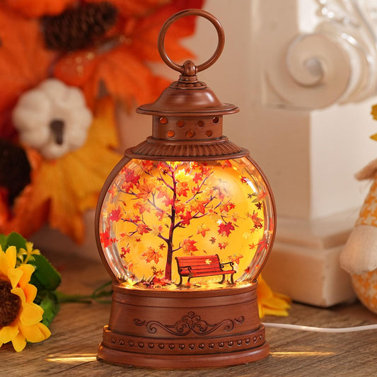 Fall Snow Globe Lantern Fall Decorations for Home Maple Leaf Scene Swirling Glitter/6H Timer Lighted Thanksgiving Autumn Decor