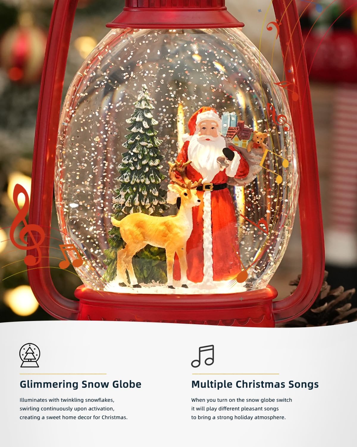 12.6 Inch Large Christmas Snow Globes, Snow Globe Christmas with Santa, Glittering Snow Globe Lantern with Timer, Musical Christmas Snow Globe for Christmas Decor(Santa)