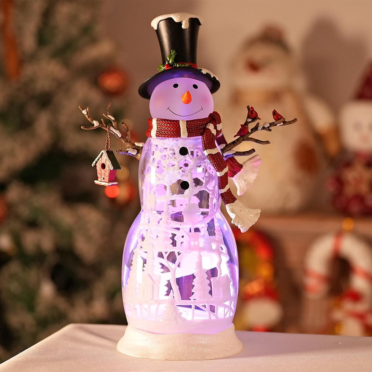 Large Snowman Christmas Snow Globe with Cardinals - Rotating Internal Scene with Swirling Glitter & Colorful Lights, 6H-Timer, Battery/USB Powered, Holiday Christmas Decoration​(Snowman Cardinals)