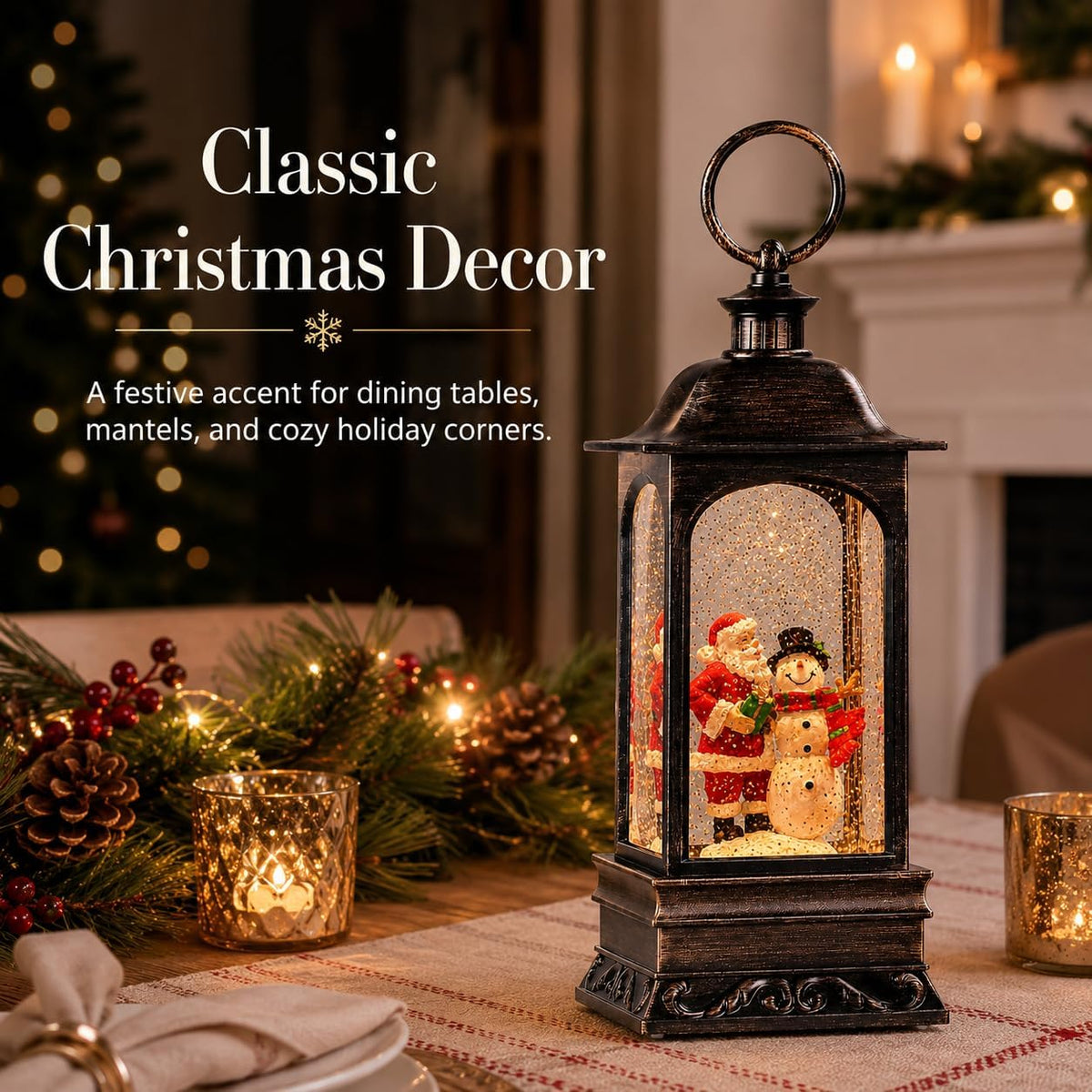 Christmas Snow Globe Lantern, Musical Snow Globe with Swirling Glitter, Battery Powered, Christmas Decorations Indoor for Home - Santa and Snowman