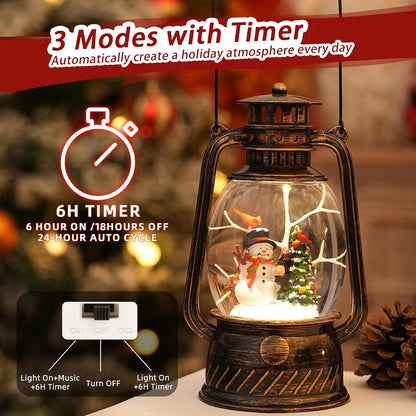Snow Globe Christmas Decorations Indoor, Snowman Light Up Musical Christmas Snow Globes Lantern with Glitter & 6H Timer, Snowman Snow Globe Decorations for Home