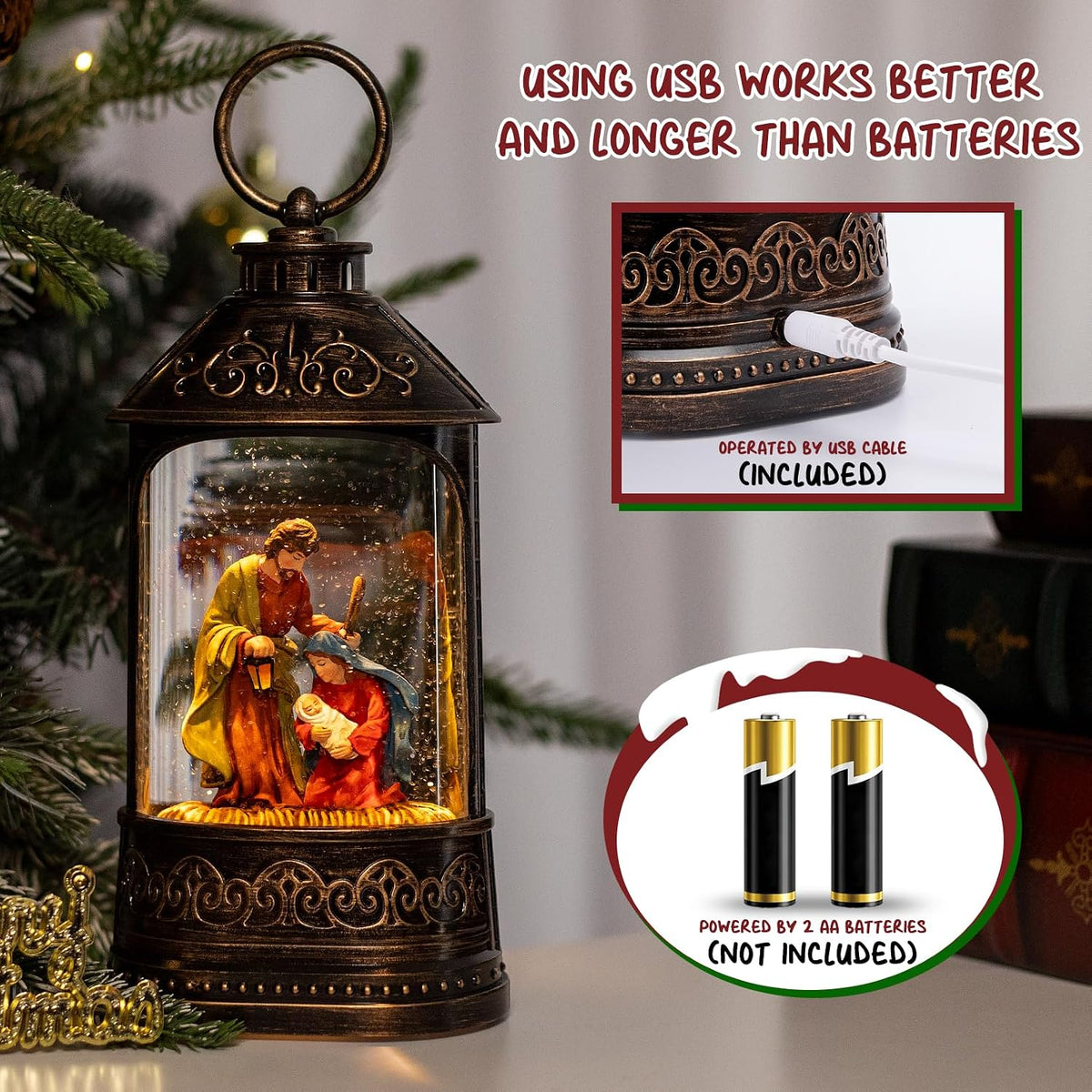 Snow Globe Lantern Nativity Scene, Glitter Lighted Christmas Nativity Snow Globe with Music,Musical Christmas Decorations USB and Battery Operated, Nativity Set Indoor Snow Globes