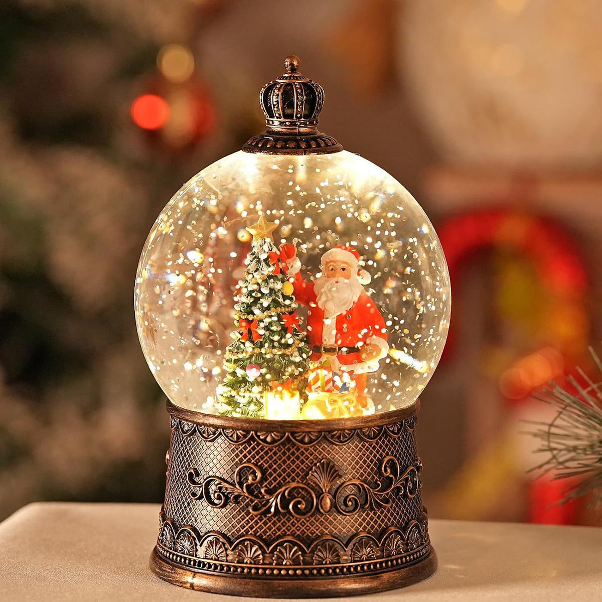Snow Globe Christmas with Santa Claus, Lighted Christmas Snow Globes with Timer, Swirling Musical Glittering Snowglobe Lantern for Decorations(Santa Claus Gifts)