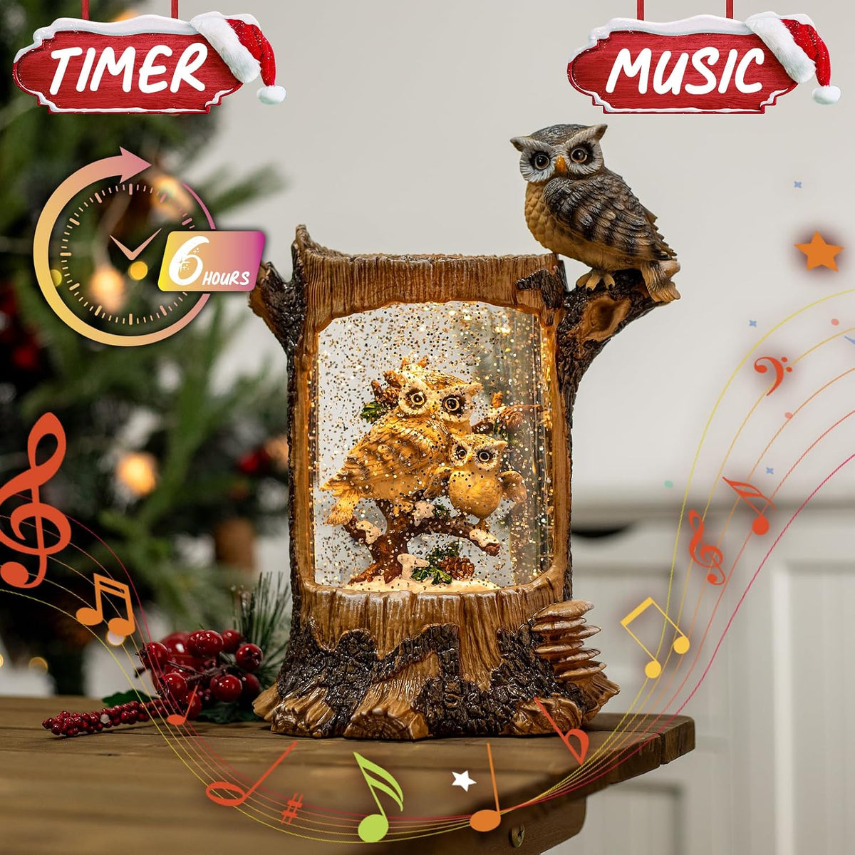Christmas Owl Family Snow Globe, Musical Glittering Christmas Snow Globes Lantern with Timer, Large Owls Collectible Figurines Christmas Holiday Home Decor Battery Operated USB Powered
