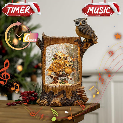 Christmas Owl Family Snow Globe, Musical Glittering Christmas Snow Globes Lantern with Timer, Large Owls Collectible Figurines Christmas Holiday Home Decor Battery Operated USB Powered