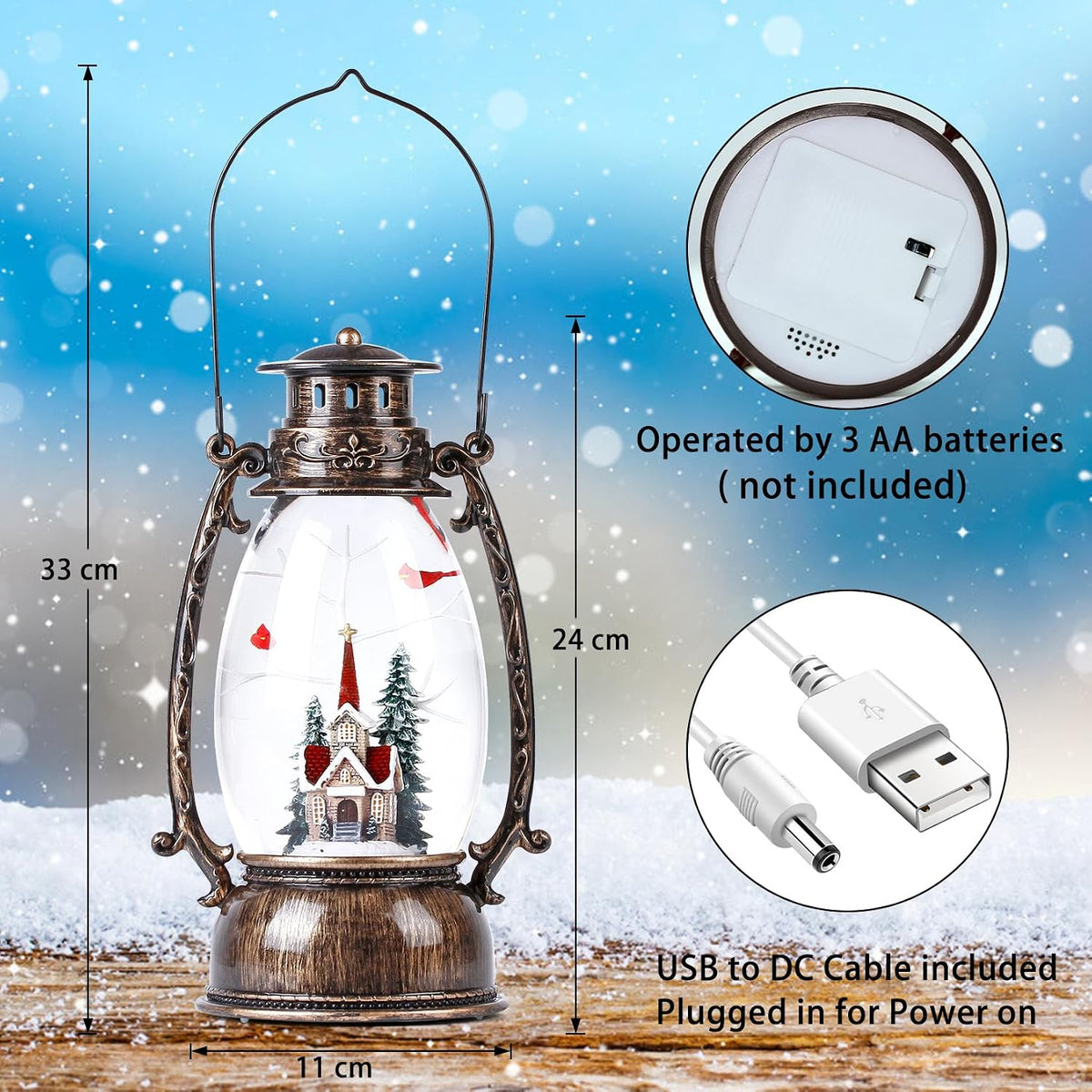 Christmas Snow Globes Lantern, Christmas Village Church Scene Lighted Snow Globe Musical with Swirling Glitter, Battery Powered Christmas Decorations for Home