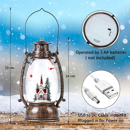 Christmas Snow Globes Lantern, Christmas Village Church Scene Lighted Snow Globe Musical with Swirling Glitter, Battery Powered Christmas Decorations for Home