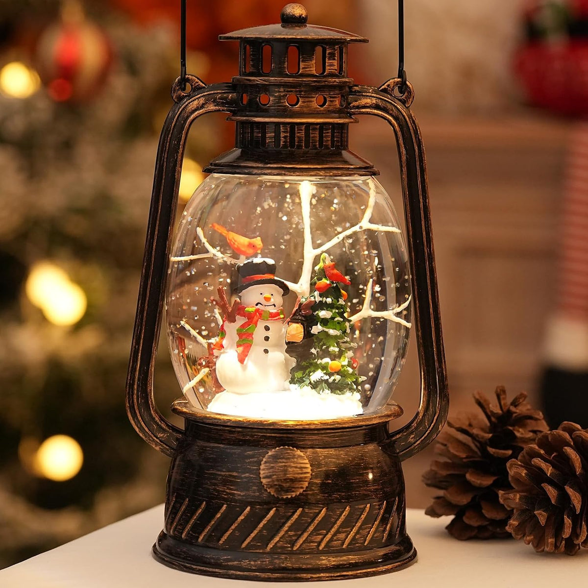 Snow Globe Christmas Decorations Indoor, Snowman Light Up Musical Christmas Snow Globes Lantern with Glitter & 6H Timer, Snowman Snow Globe Decorations for Home