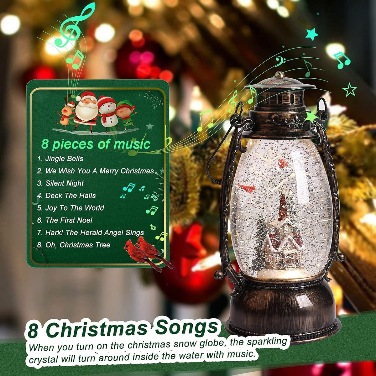 Christmas Snow Globes Lantern, Christmas Village Church Scene Lighted Snow Globe Musical with Swirling Glitter, Battery Powered Christmas Decorations for Home