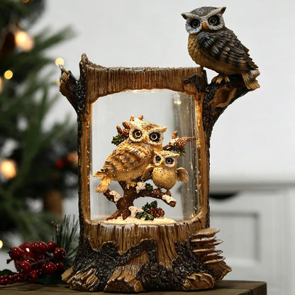 Christmas Owl Family Snow Globe, Musical Glittering Christmas Snow Globes Lantern with Timer, Large Owls Collectible Figurines Christmas Holiday Home Decor Battery Operated USB Powered