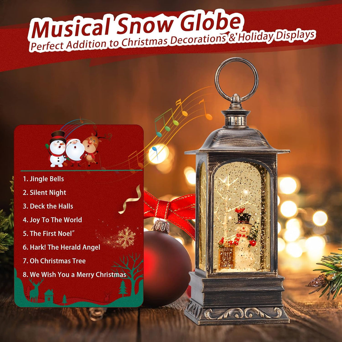 Christmas Snow Globe Lantern, Musical Snow Globe with Swirling Glitter, Battery Powered, Christmas Decorations Indoor for Home - Cardinal and Snowman