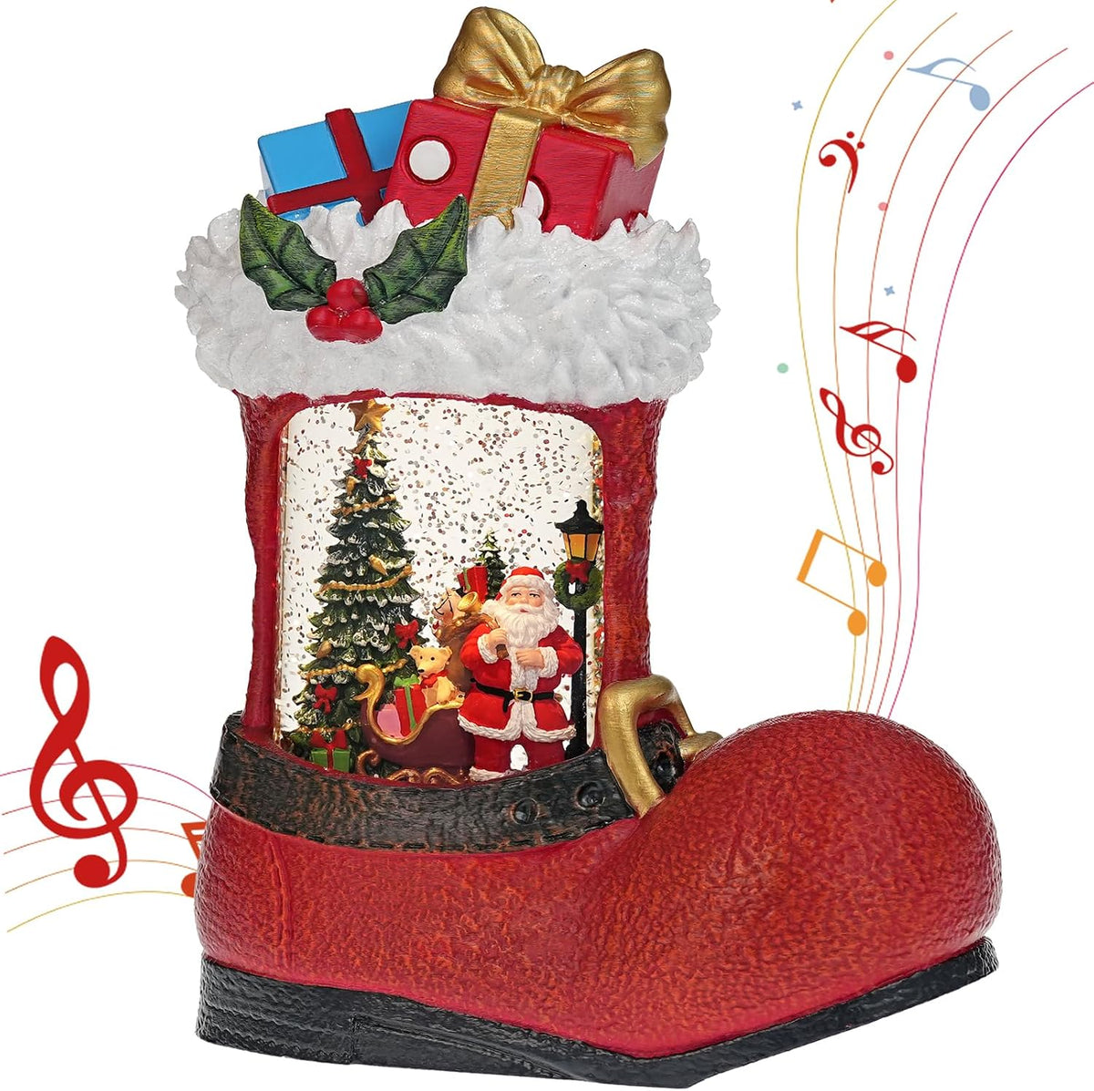 Christmas Snow Globe with Santa Claus Gifts - Lighted Musical Snow Globe Christmas Decorations with Timer, Swirling Glitter, Battery/USB Powered, Holiday Decor​(Santa Claus Boots)