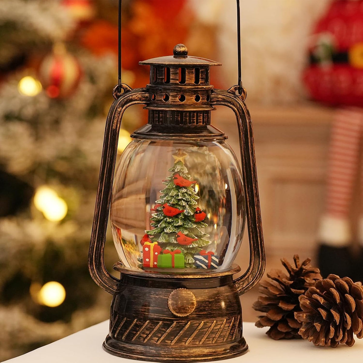 Snow Globe Christmas Decorations, Musical Christmas Snow Globes Glitter Tree Lantern Light Up 6H Time USB Lined/Battery ​Festival Snow Globes for Adults