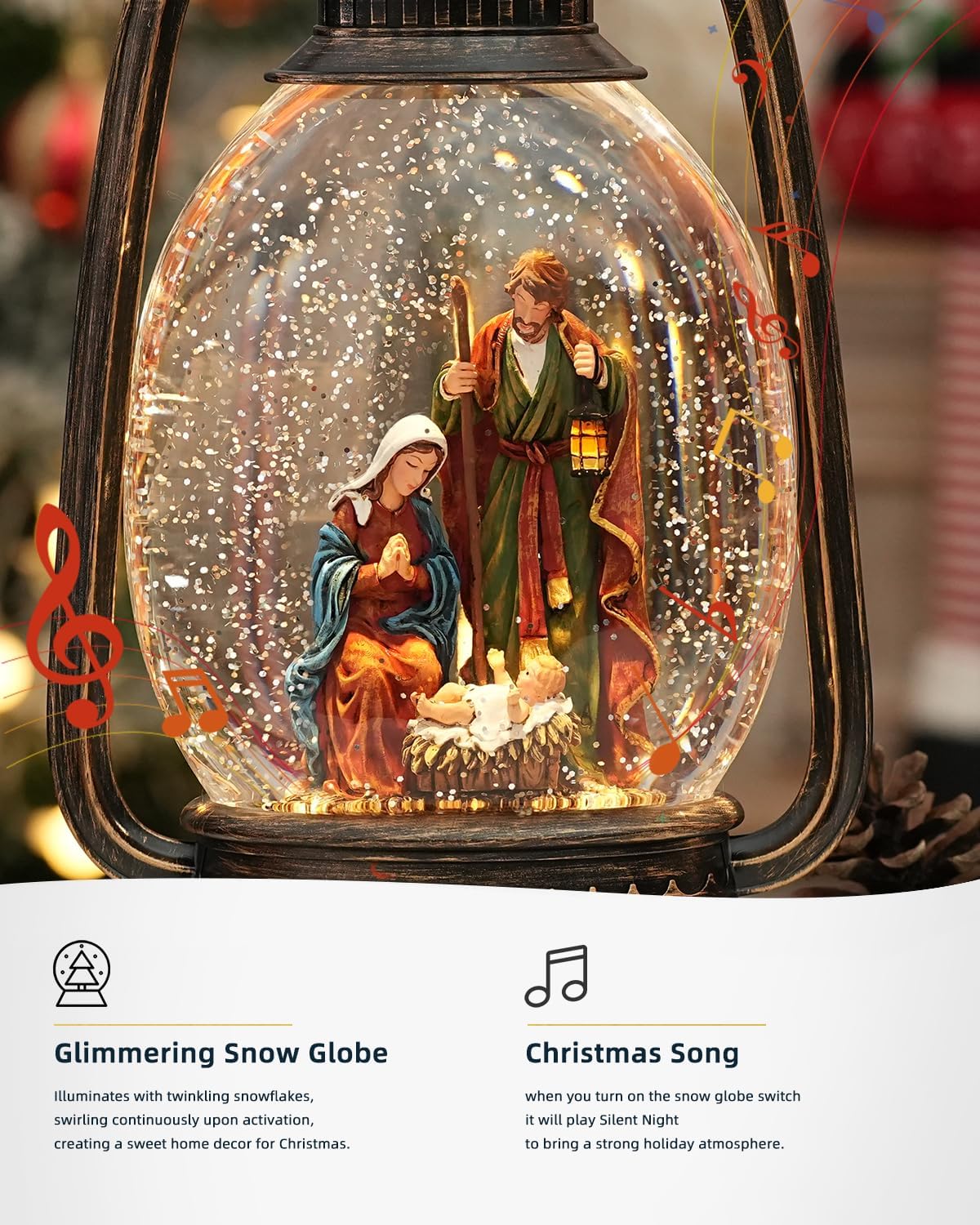 12.6 Inch Large Christmas Snow Globes, Nativity Snow Globe Christmas with Silent Night Music, Glittering Timer Snow Globe Lantern with Jesus for Christmas Decor(Jesus)