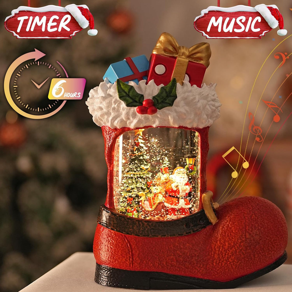 Christmas Snow Globe with Santa Claus Gifts - Lighted Musical Snow Globe Christmas Decorations with Timer, Swirling Glitter, Battery/USB Powered, Holiday Decor​(Santa Claus Boots)