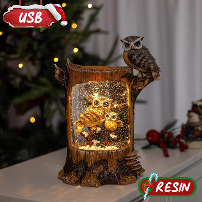 Christmas Owl Family Snow Globe, Musical Glittering Christmas Snow Globes Lantern with Timer, Large Owls Collectible Figurines Christmas Holiday Home Decor Battery Operated USB Powered