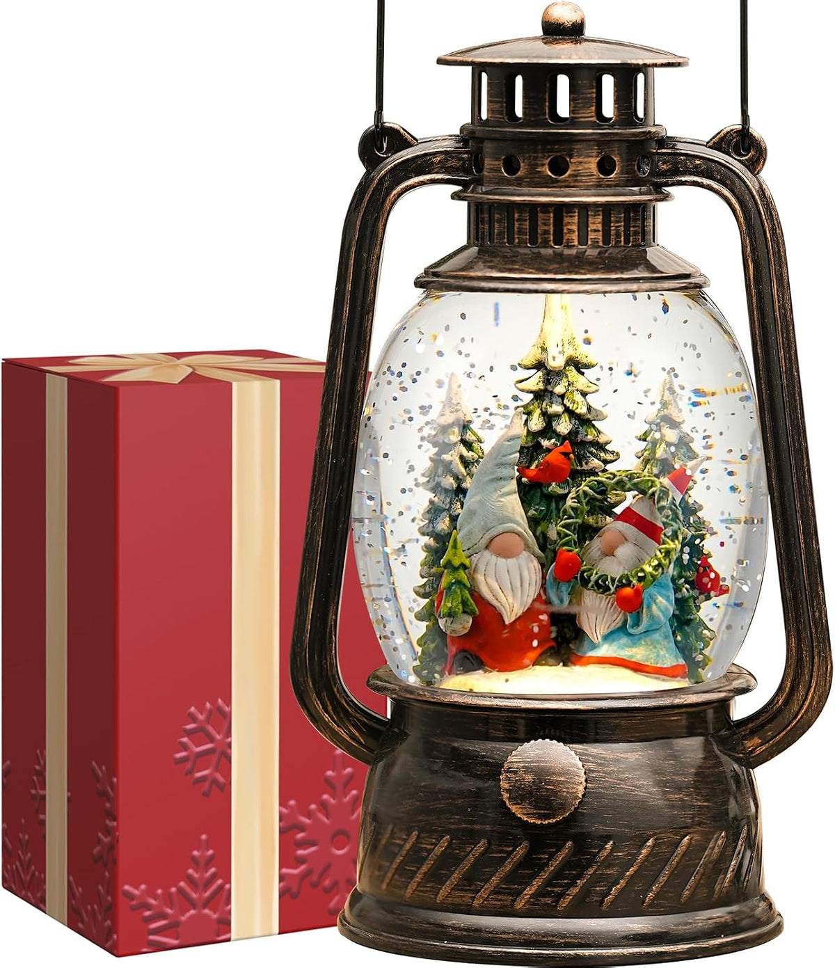 Gnomes Snow Globe Christmas Decorations, Light Up Musical Christmas Snow Globes Lantern with Glitter & 6H Timer, Christmas Gnomes Decorations Gift for Home