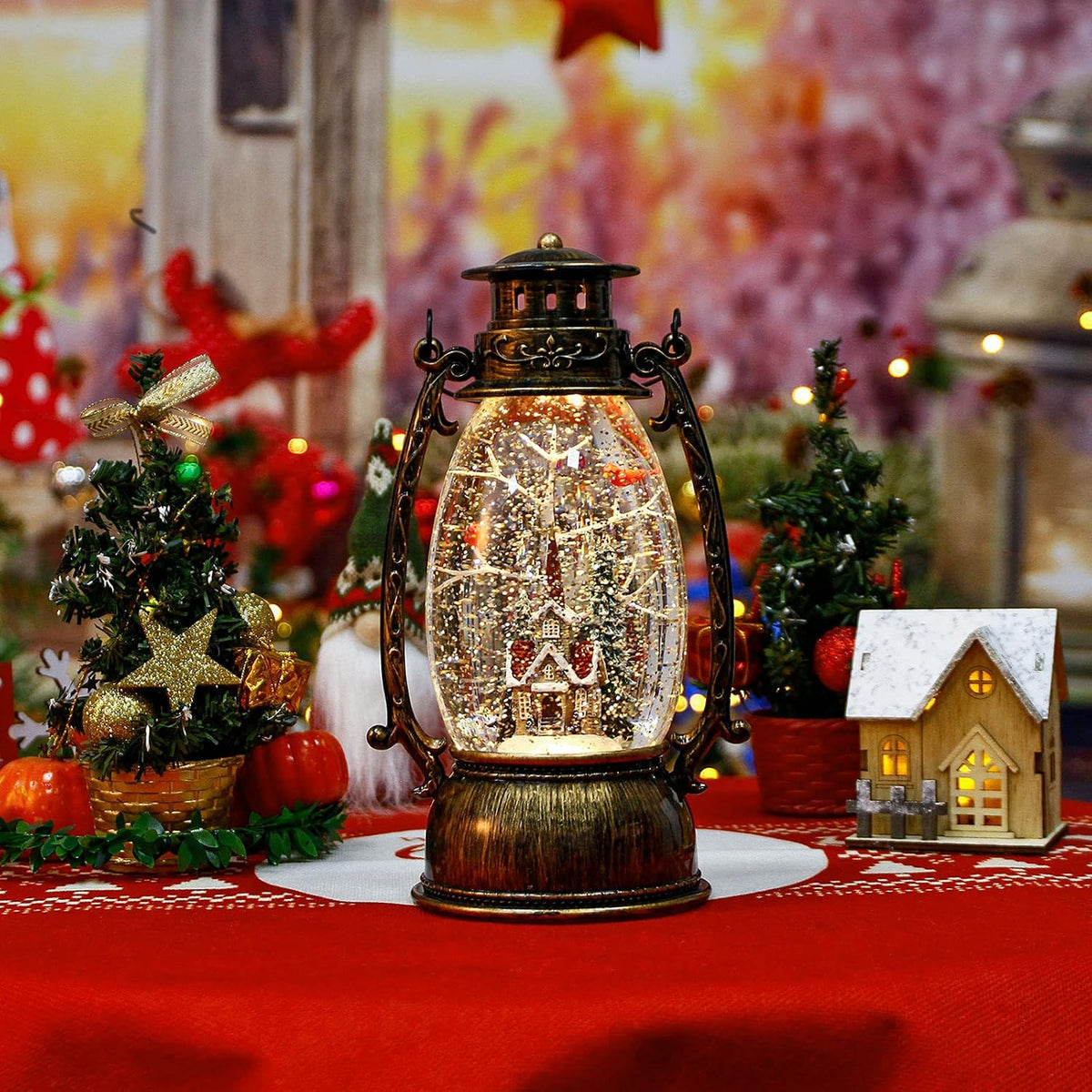 Christmas Snow Globes Lantern, Christmas Village Church Scene Lighted Snow Globe Musical with Swirling Glitter, Battery Powered Christmas Decorations for Home