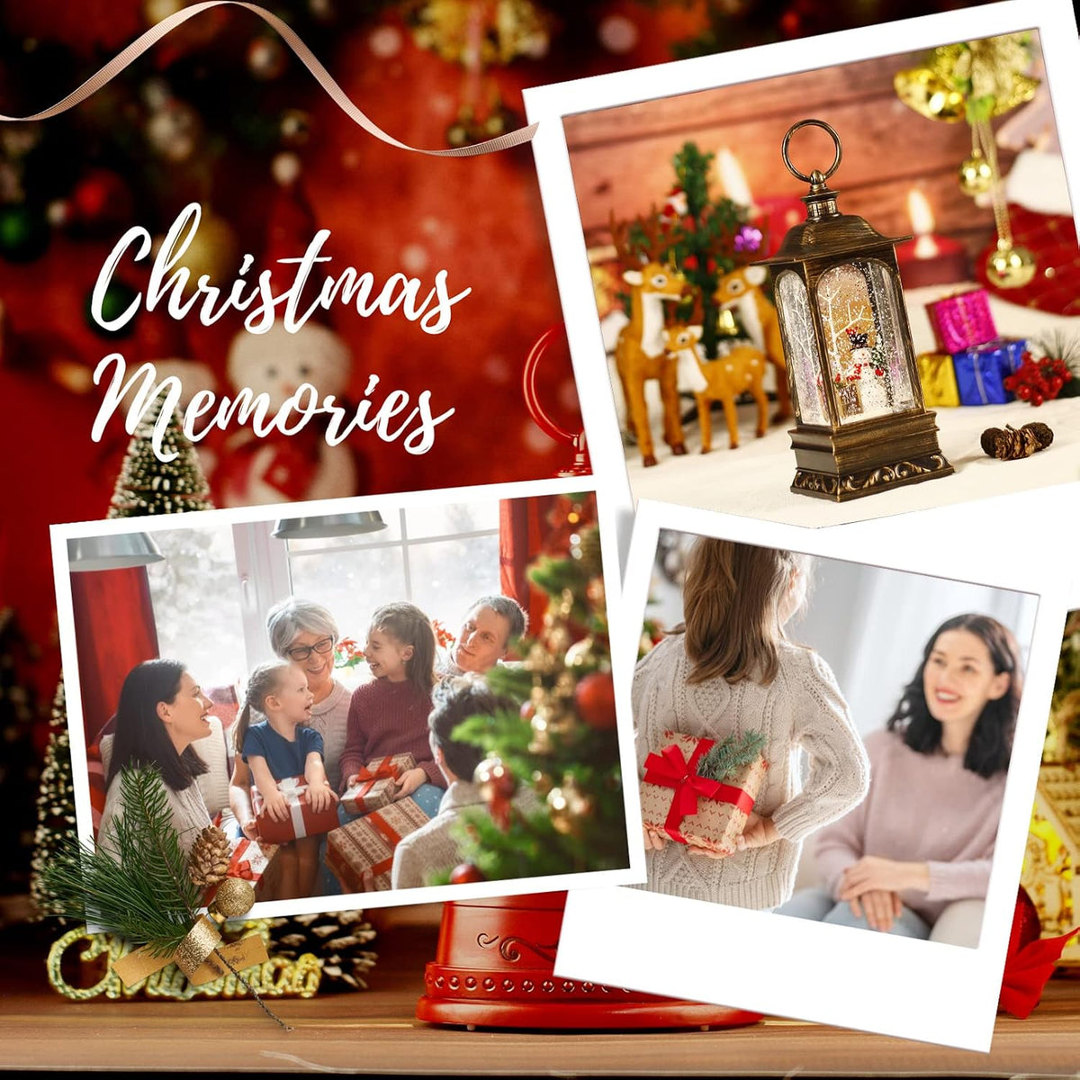Christmas Snow Globe Lantern, Musical Snow Globe with Swirling Glitter, Battery Powered, Christmas Decorations Indoor for Home - Cardinal and Snowman