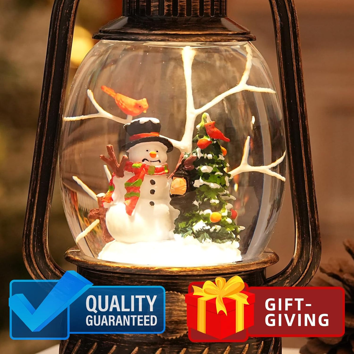 Snow Globe Christmas Decorations Indoor, Snowman Light Up Musical Christmas Snow Globes Lantern with Glitter & 6H Timer, Snowman Snow Globe Decorations for Home