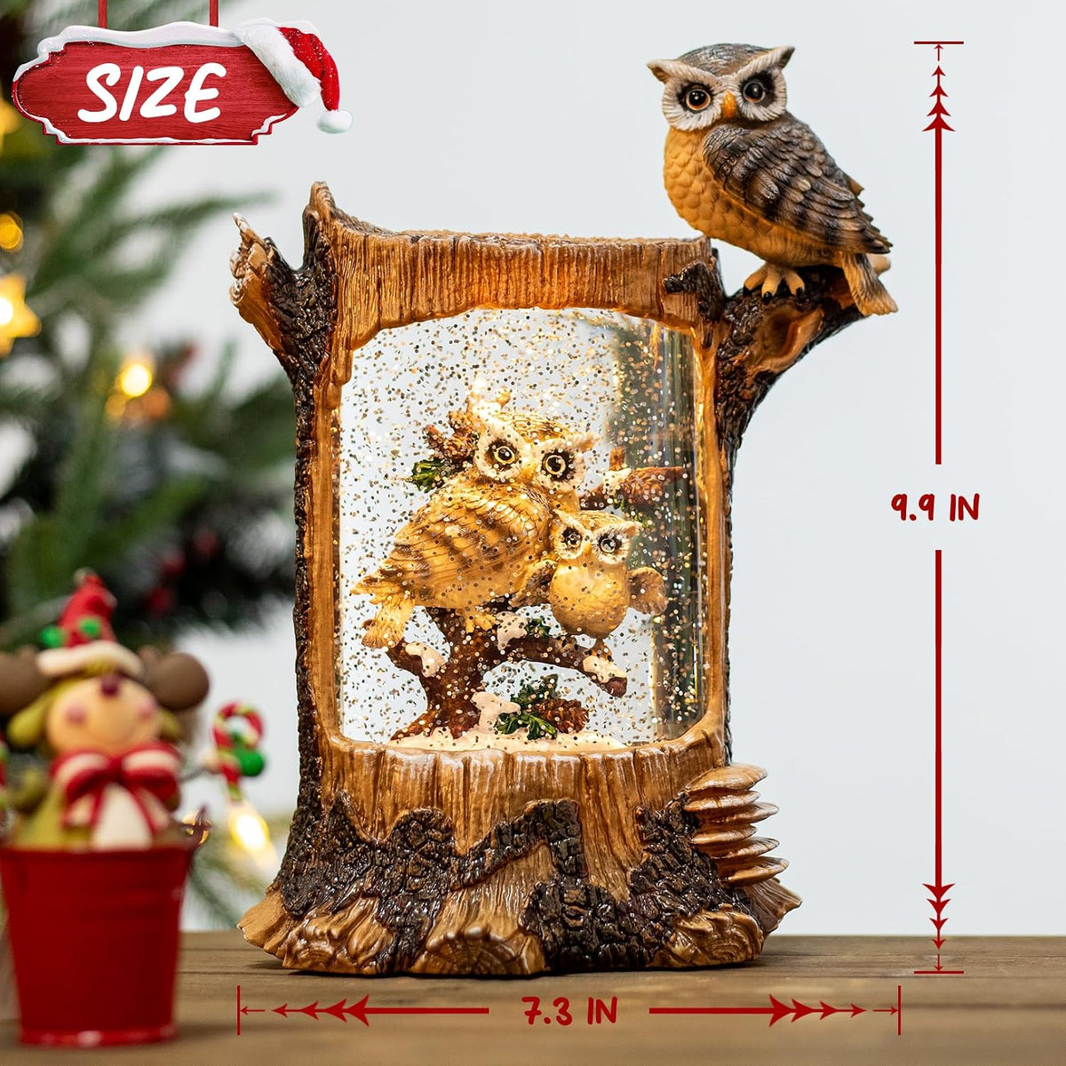 Christmas Owl Family Snow Globe, Musical Glittering Christmas Snow Globes Lantern with Timer, Large Owls Collectible Figurines Christmas Holiday Home Decor Battery Operated USB Powered