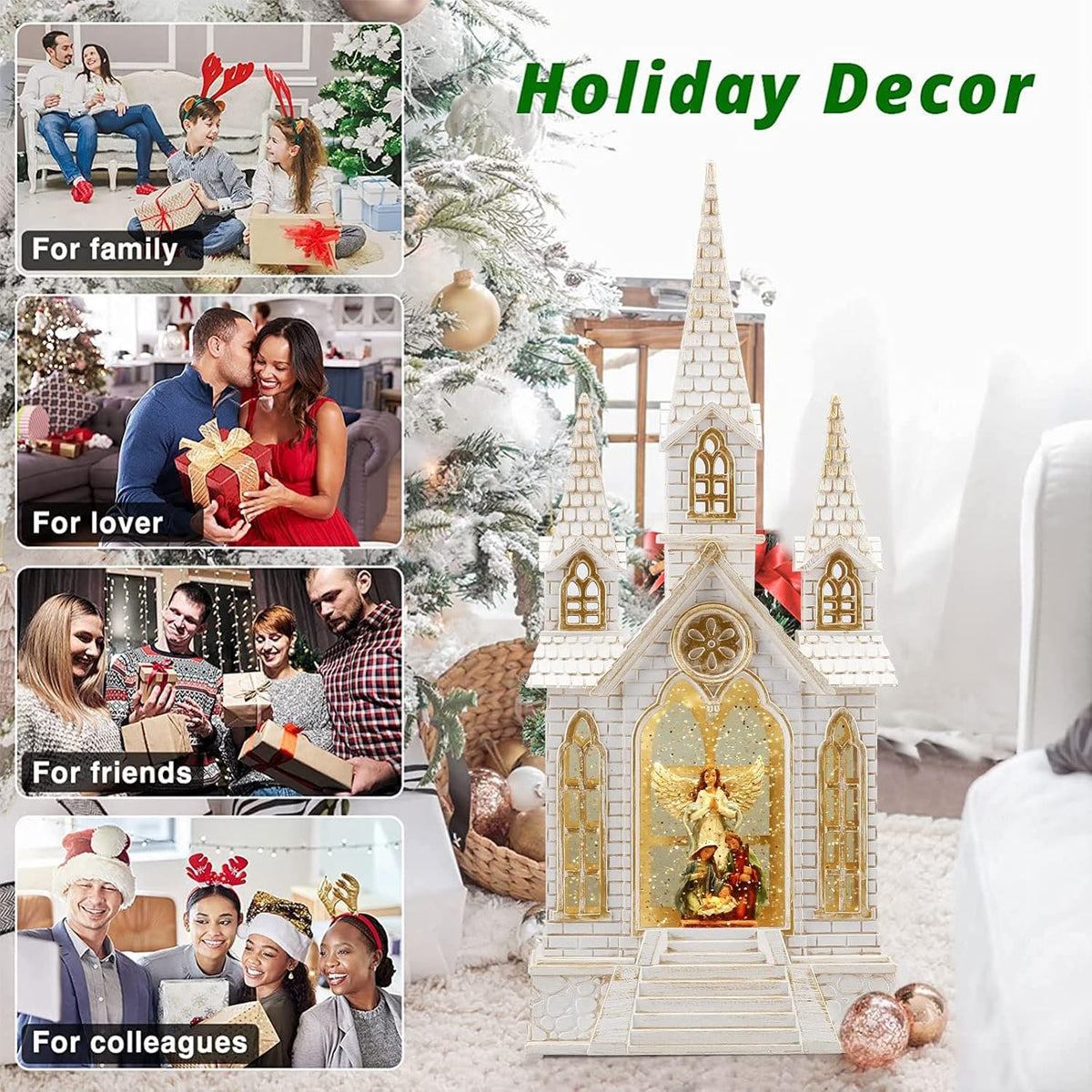 16Inch Christmas Snow Globes Nativity Church Lighted Christmas Decorations Glitter Globe Lantern 6H Timer, Musical Angel Snow Globe Graduation/Christian/Christmas Decor Gifts