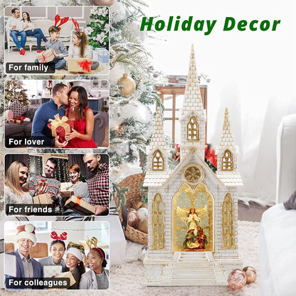 16Inch Christmas Snow Globes Nativity Church Lighted Christmas Decorations Glitter Globe Lantern 6H Timer, Musical Angel Snow Globe Graduation/Christian/Christmas Decor Gifts