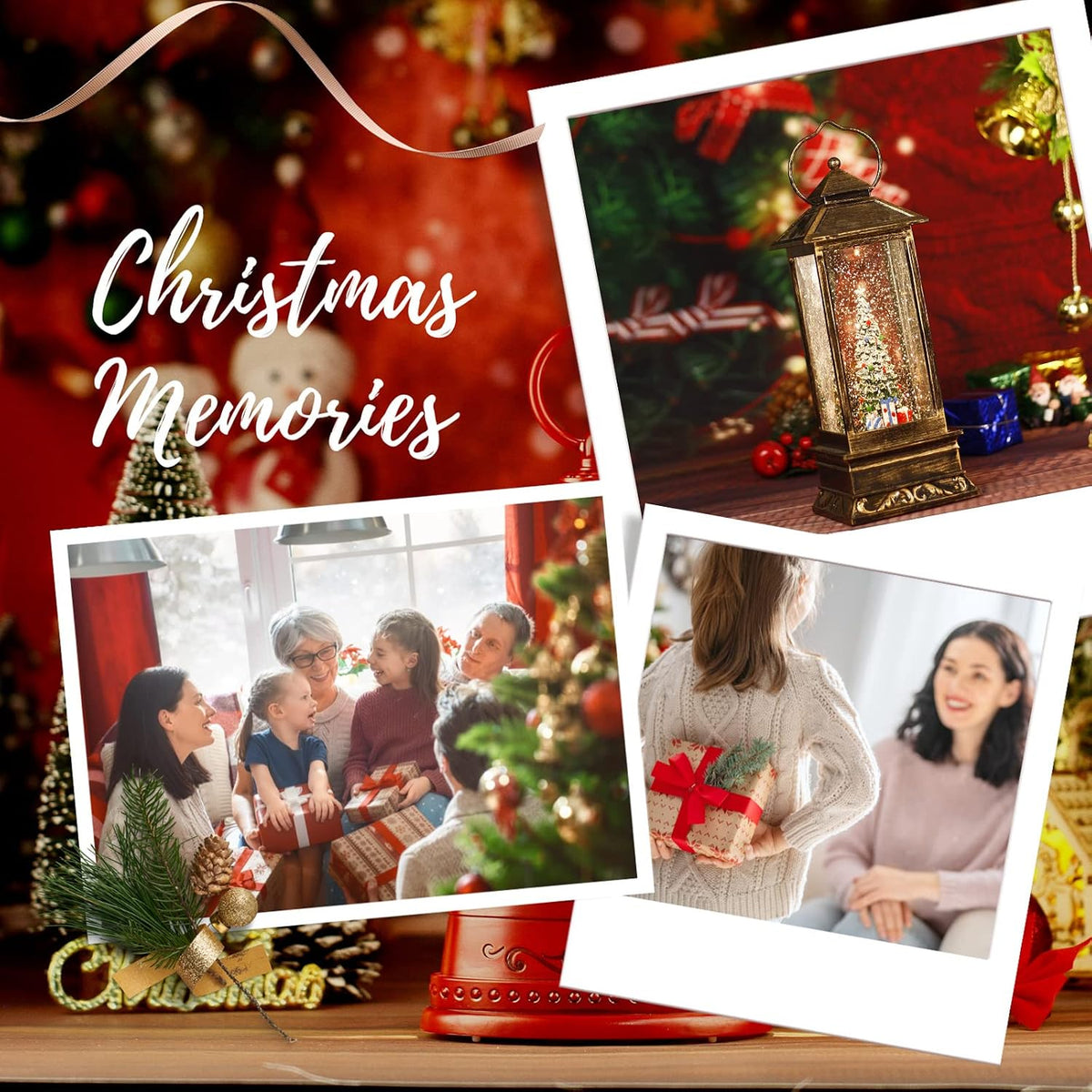 Snow Globe Christmas Lantern Decorations, Musical Snow Globe Lantern with Swirling Glitter, Christmas Tree Lighted Christmas Decorations Indoor for Home