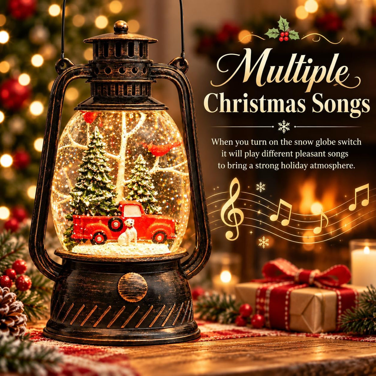 Christmas Snow Globe Lantern, Red Truck Musical Glowing Snow Globes, Indoor Home Christmas Decor, Battery or USB Powered, with 6-Hour Timer, Holiday Decor Gift Christmas Lantern