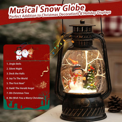 Snow Globe Christmas Decorations Indoor, Snowman Light Up Musical Christmas Snow Globes Lantern with Glitter & 6H Timer, Snowman Snow Globe Decorations for Home