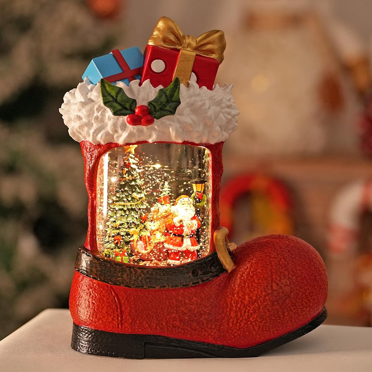 Christmas Snow Globe with Santa Claus Gifts - Lighted Musical Snow Globe Christmas Decorations with Timer, Swirling Glitter, Battery/USB Powered, Holiday Decor​(Santa Claus Boots)